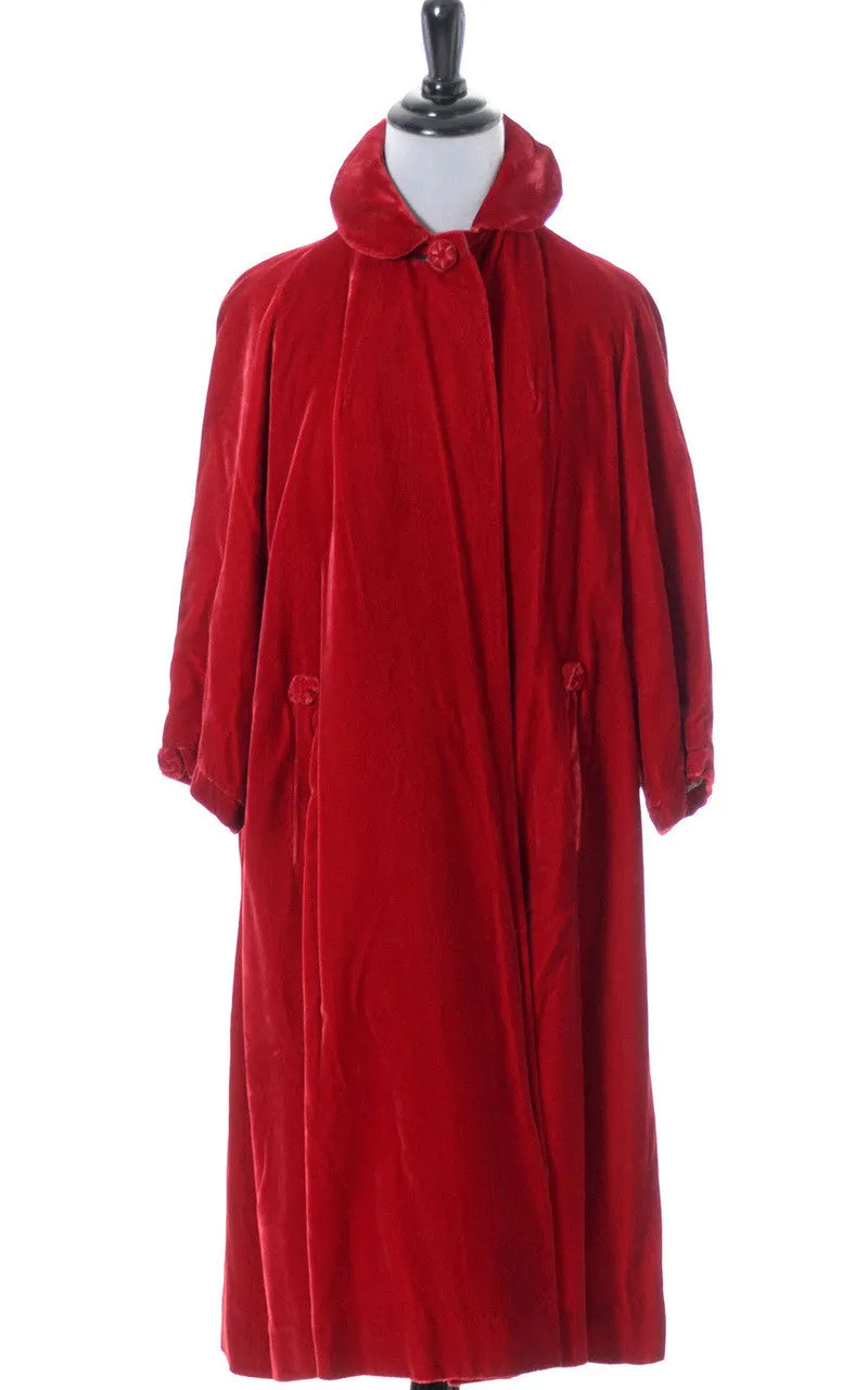 1950s Vintage Red Velvet Coat with Ivory Silk Lining