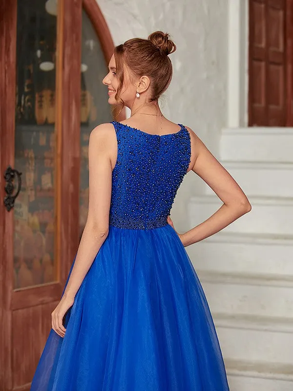 A-Line/Princess Organza Beading V-neck Sleeveless Floor-Length Dresses