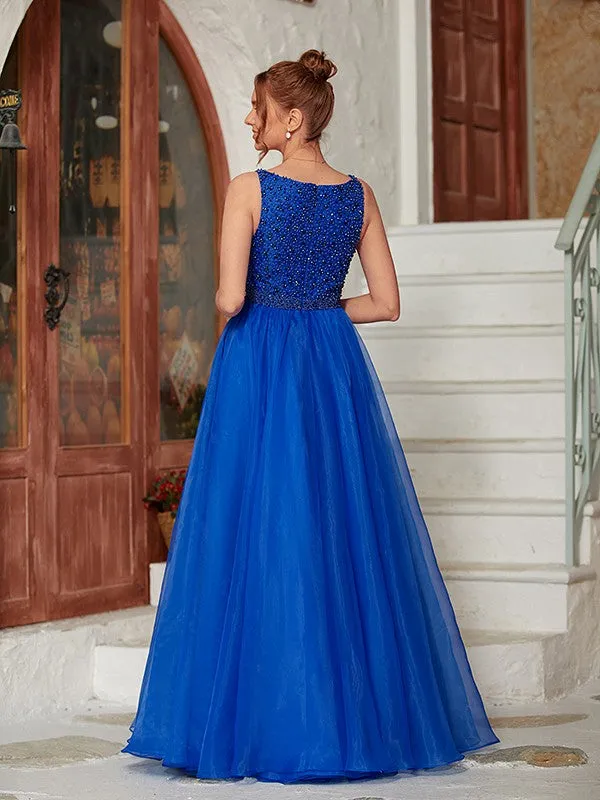 A-Line/Princess Organza Beading V-neck Sleeveless Floor-Length Dresses