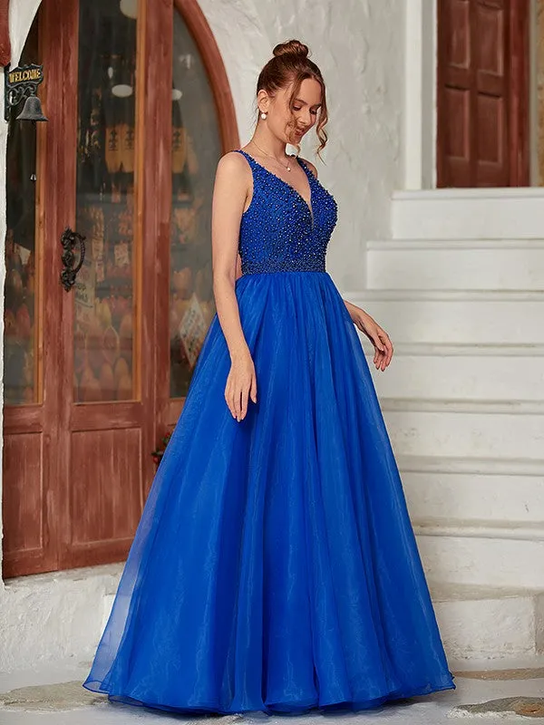 A-Line/Princess Organza Beading V-neck Sleeveless Floor-Length Dresses