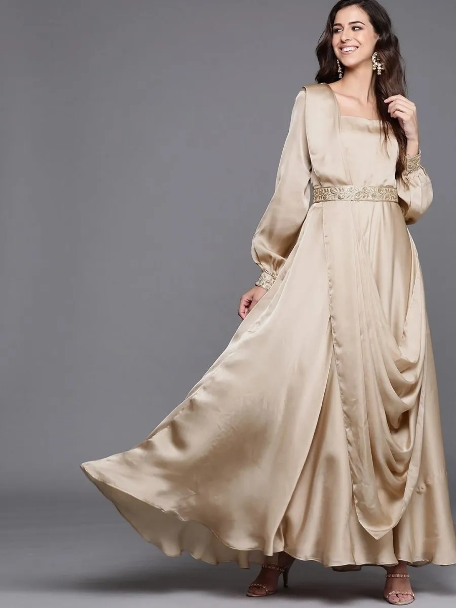 Beige Solid Flared Gown with attached Dupatta and Embroidered Belt