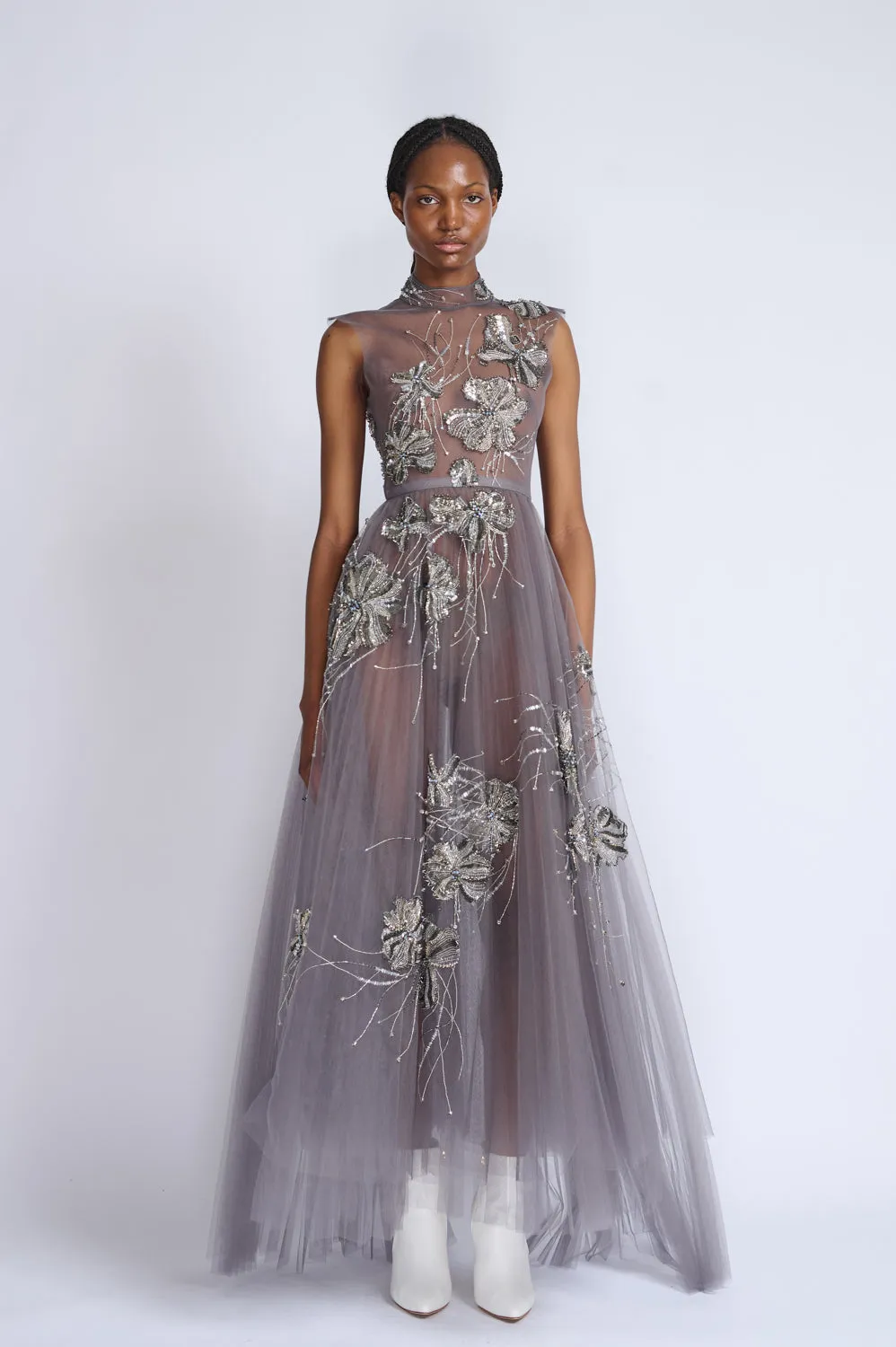 Black Diamond Fleur Embroidered Storm Gray Plisse Tulle Dress