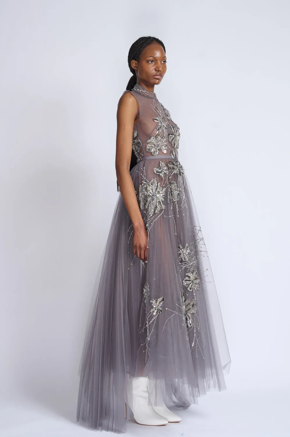 Black Diamond Fleur Embroidered Storm Gray Plisse Tulle Dress