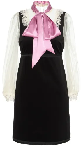 Black Velvet Organza Dress with Bow Detail