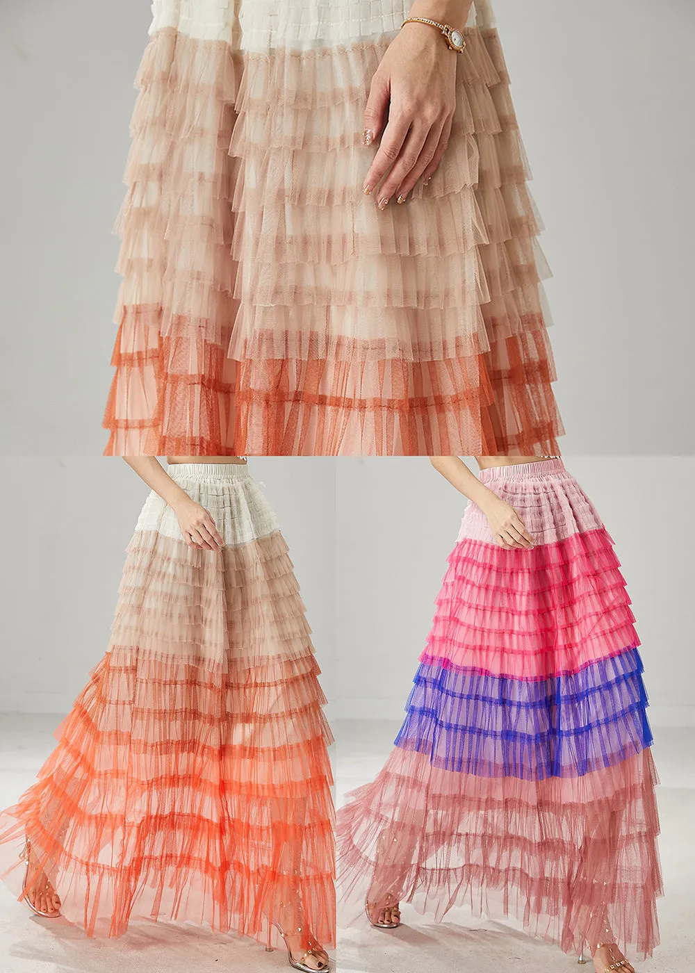 Blue Patchwork Tulle Beach Skirts Layered Ruffled Summer YU1029