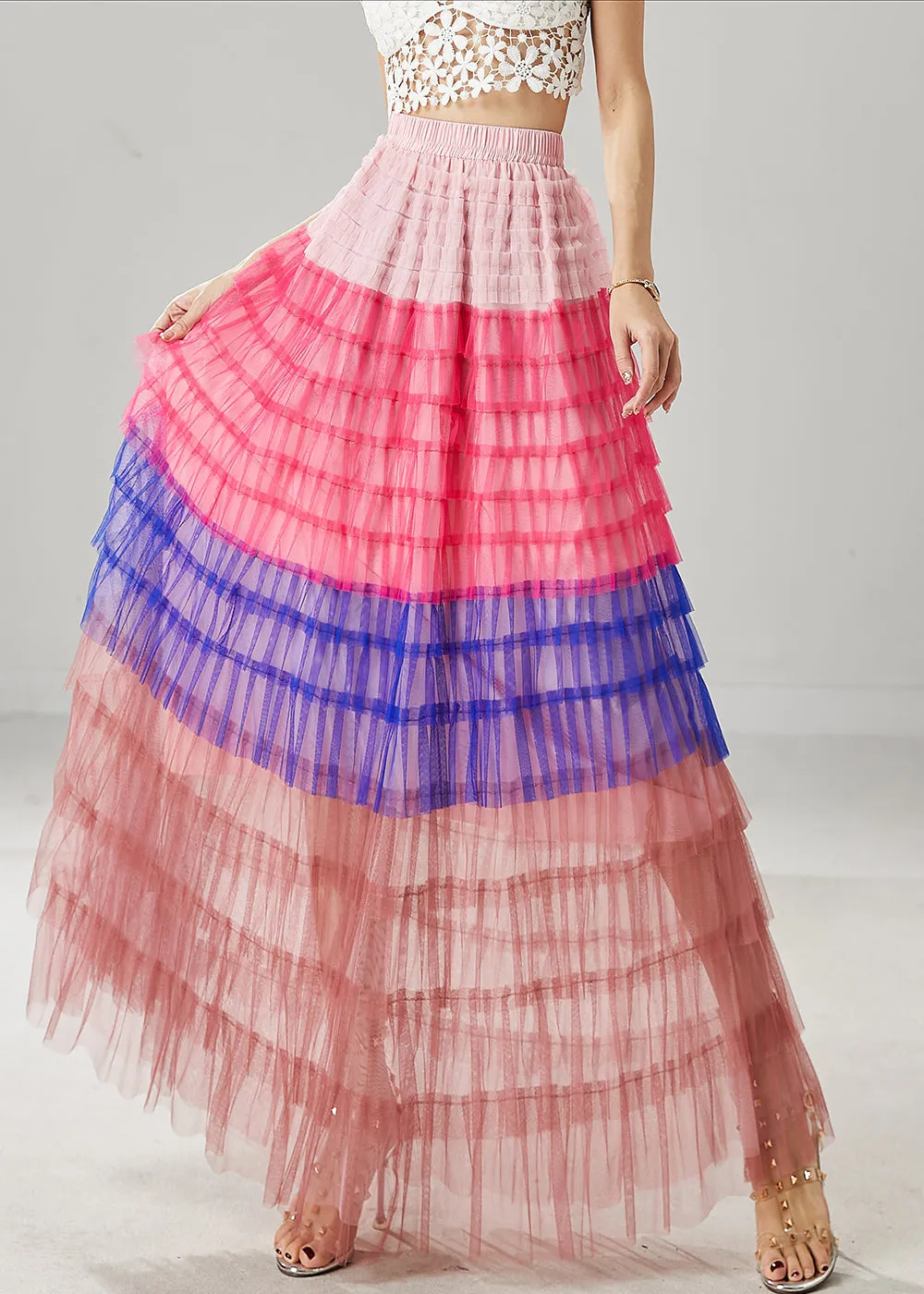 Blue Patchwork Tulle Beach Skirts Layered Ruffled Summer YU1029