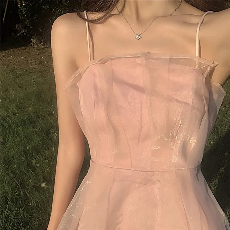 Bonnyshow  Summer Organza Spaghetti Strap Dress Pink  Fairy Dress  Hight  Waist  Dress Mini Robe Female Dresses For Women Party Sundress