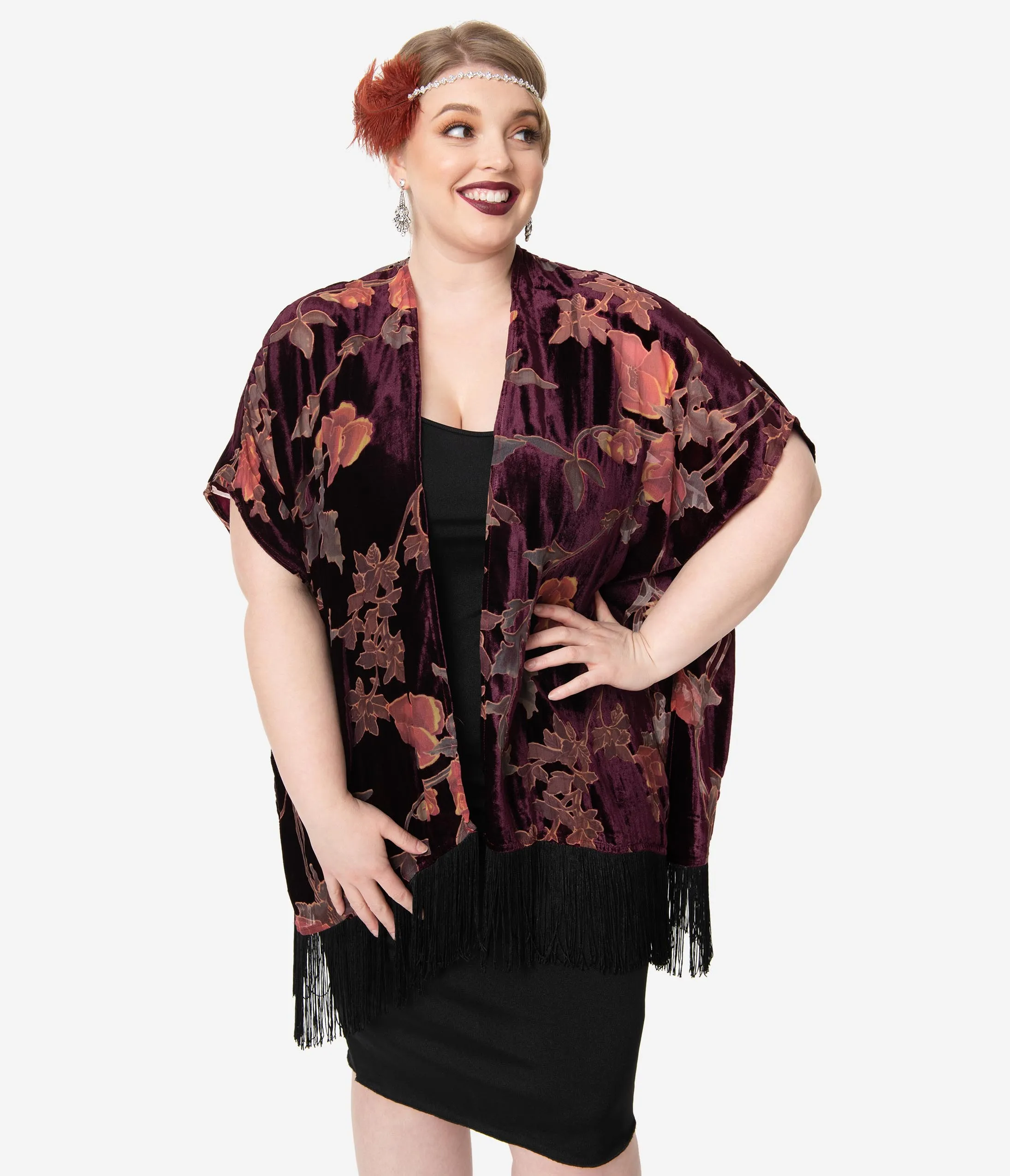 Burgundy Floral Devore Velvet Kimono