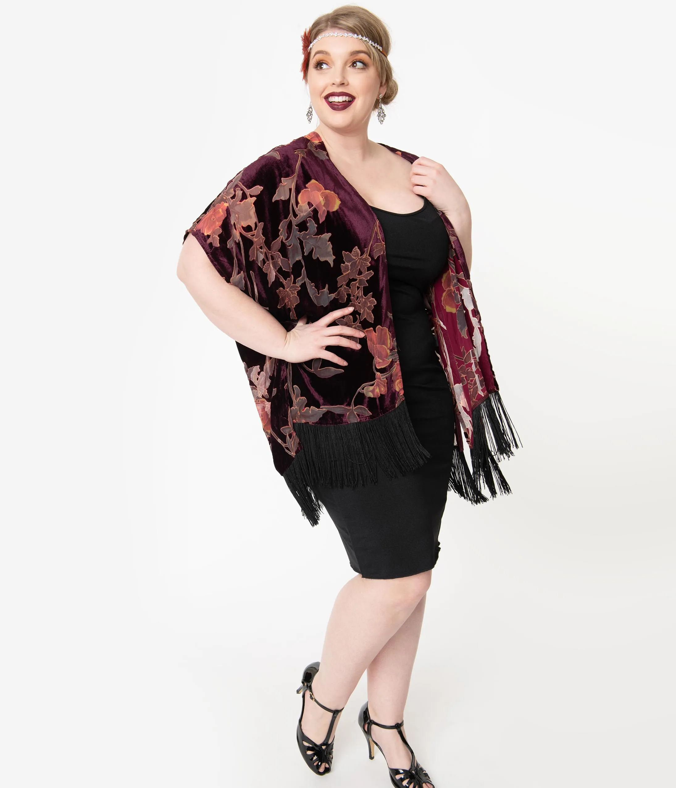 Burgundy Floral Devore Velvet Kimono