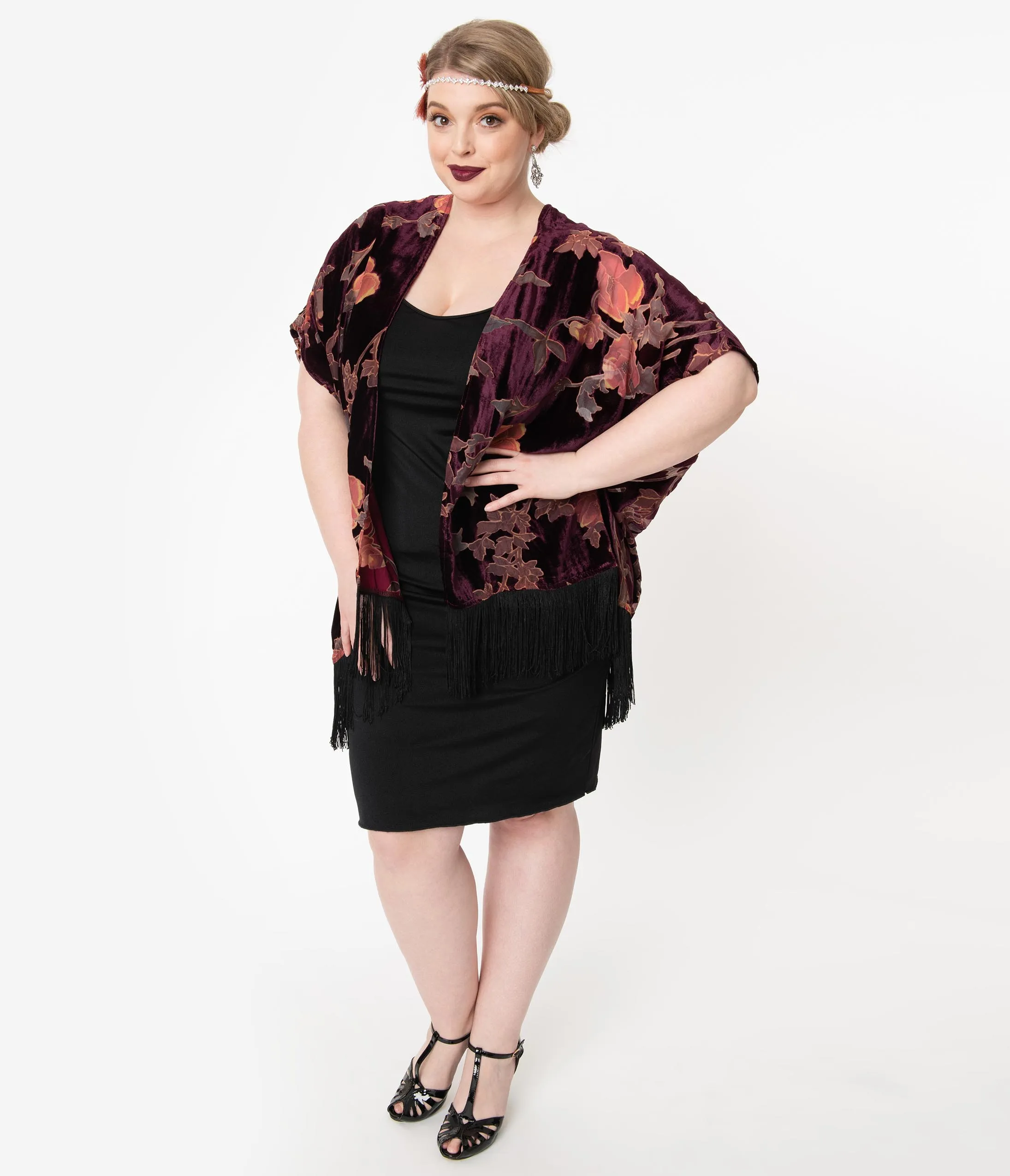 Burgundy Floral Devore Velvet Kimono