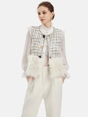 Chic Tweed Shearling Patchwork Single-breasted Vest Jacket