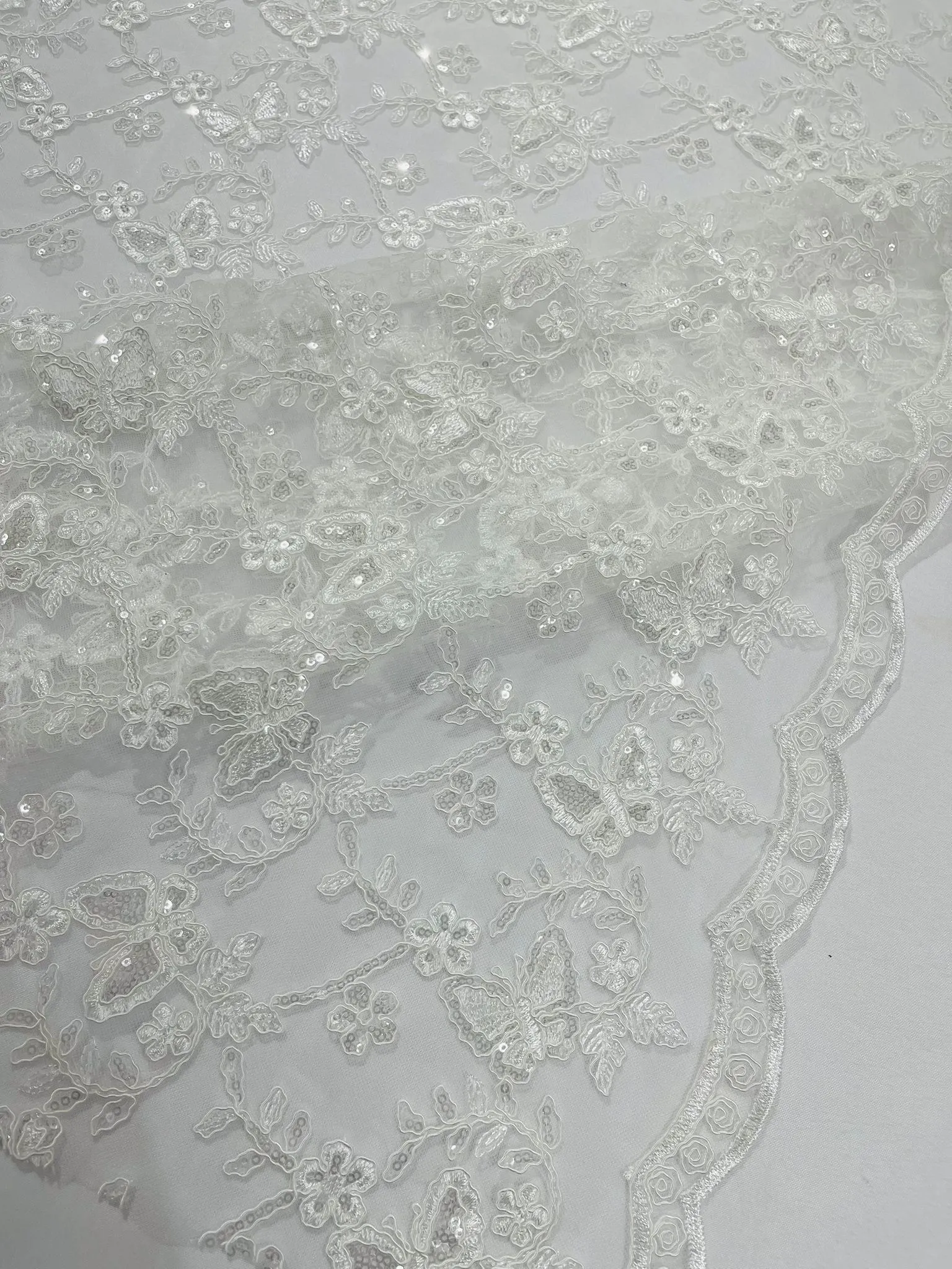 Corded Lace/ Butterfly Design Embroidered With Sequin on a Mesh Lace Fabric