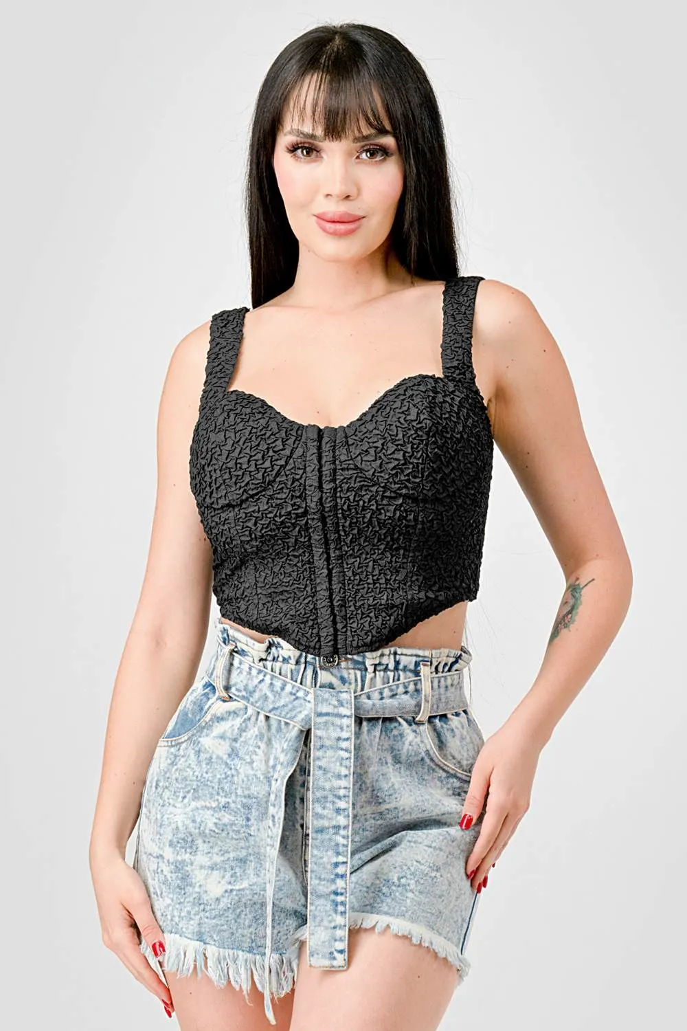 CRINKLE SWEETHEART HOOKED BUSTIER CROPPED TOP