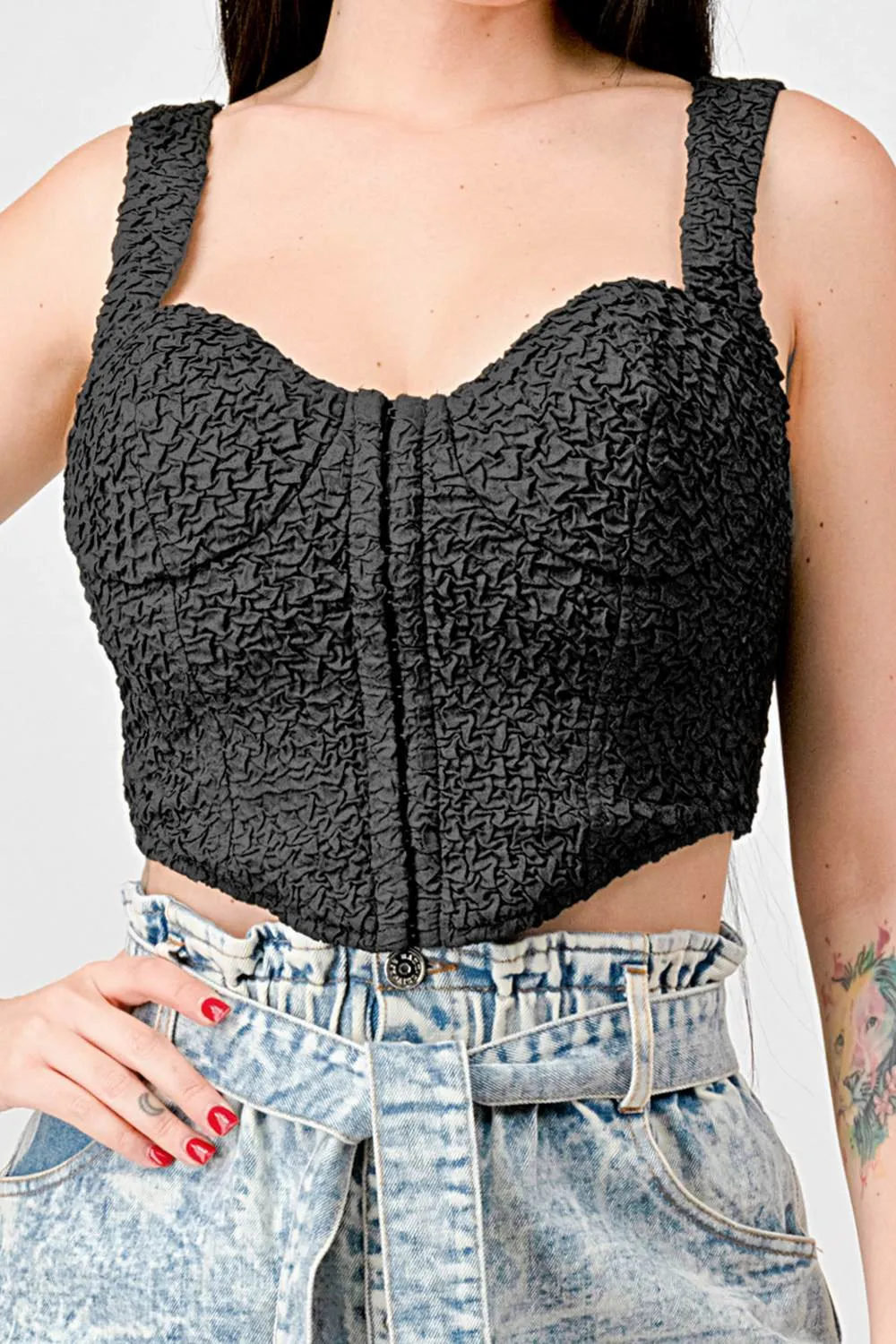 CRINKLE SWEETHEART HOOKED BUSTIER CROPPED TOP