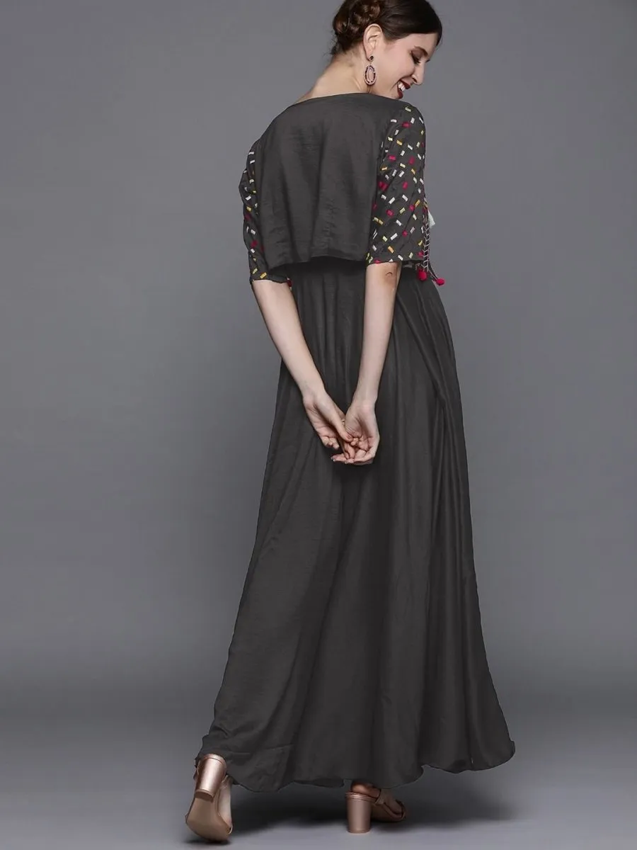 Dark Grey Solid Silk Gown with Jacket