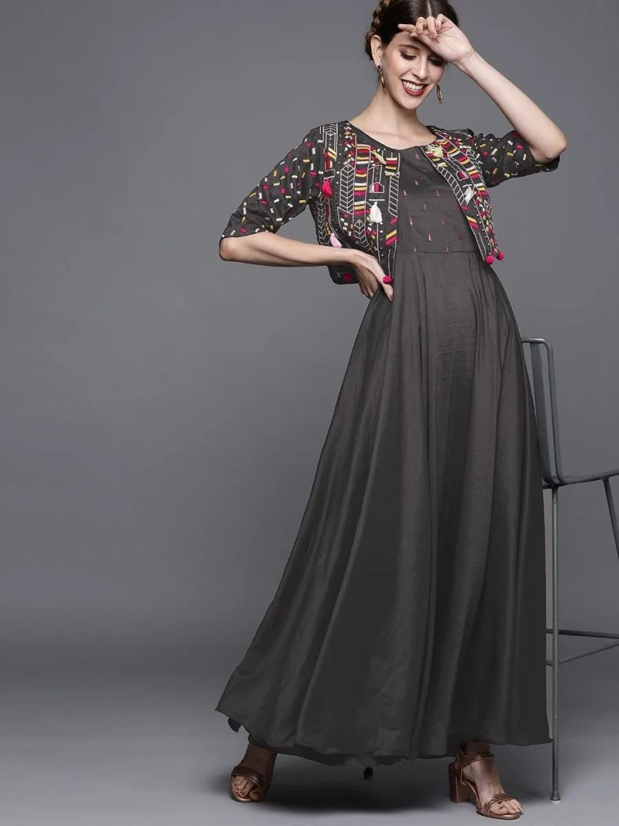 Dark Grey Solid Silk Gown with Jacket