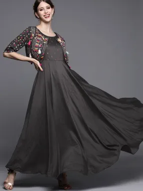 Dark Grey Solid Silk Gown with Jacket