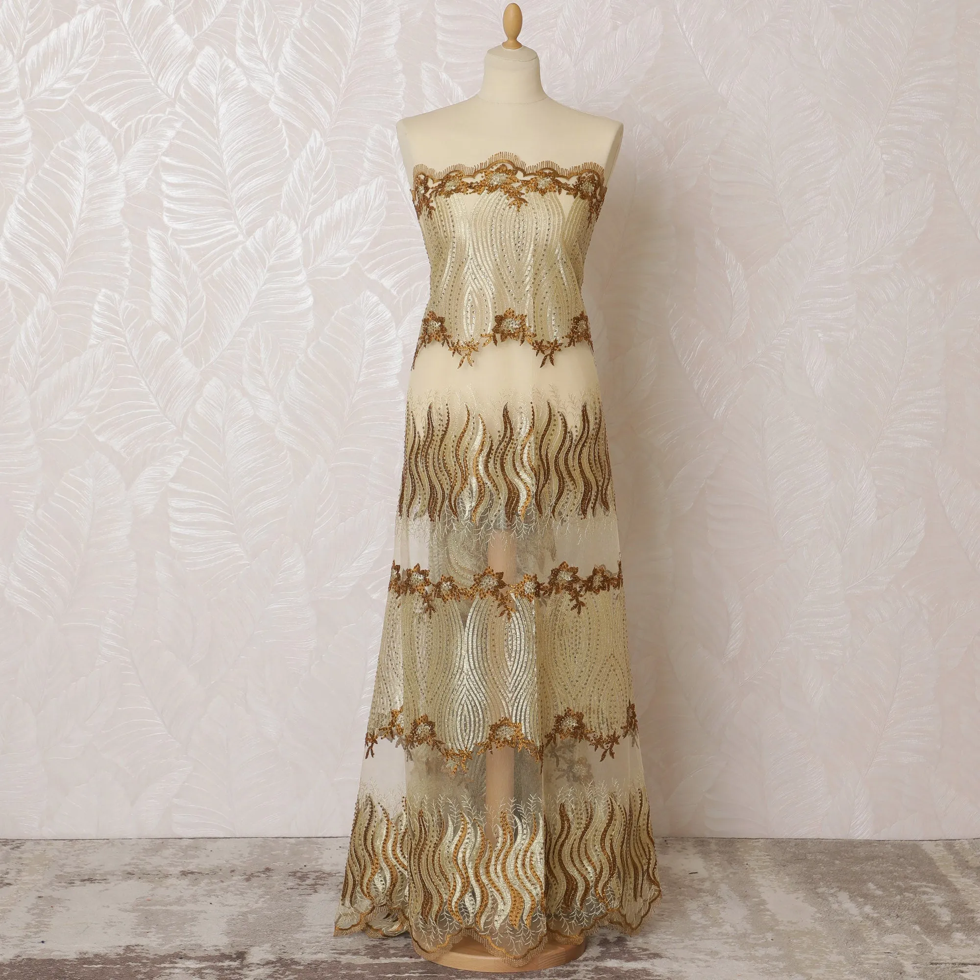 Elegant Gold and Ivory Embroidered Nylon Tulle Fabric, 140 cm Wide â€“ Sophisticated Wave and Floral Design-D19257