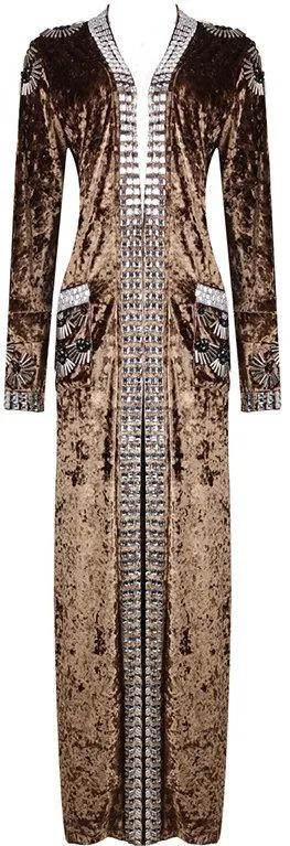 Embellished Crushed Velvet Ankle-Length Robe-Coat