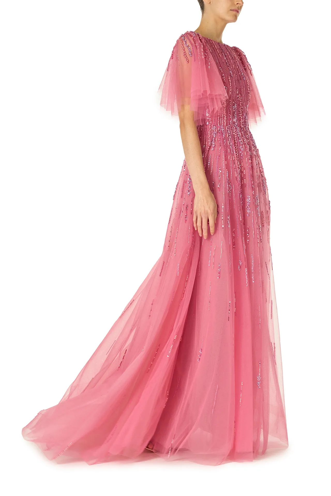 Embroidered Flutter Sleeve Gown