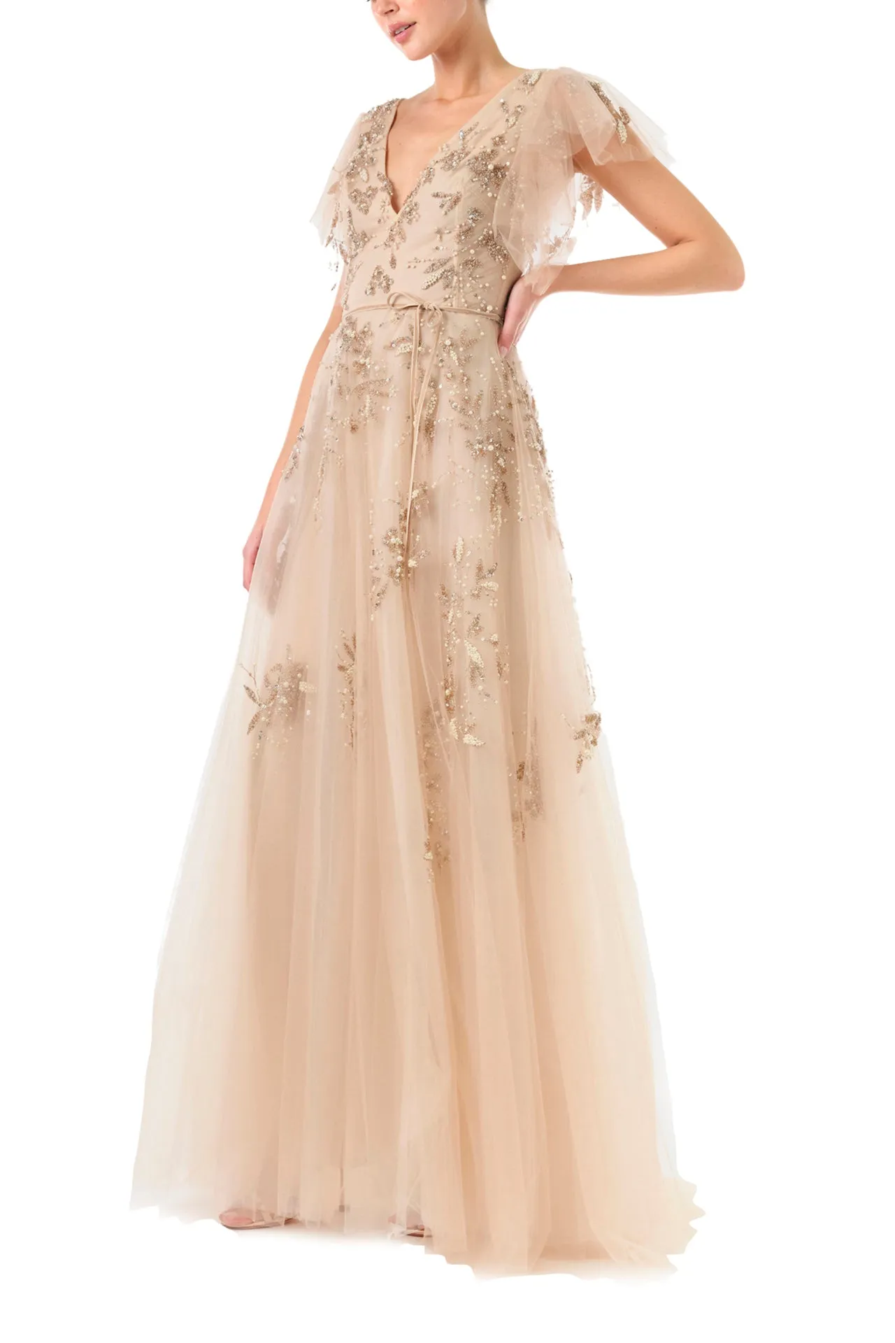 Embroidered Flutter Sleeve Gown