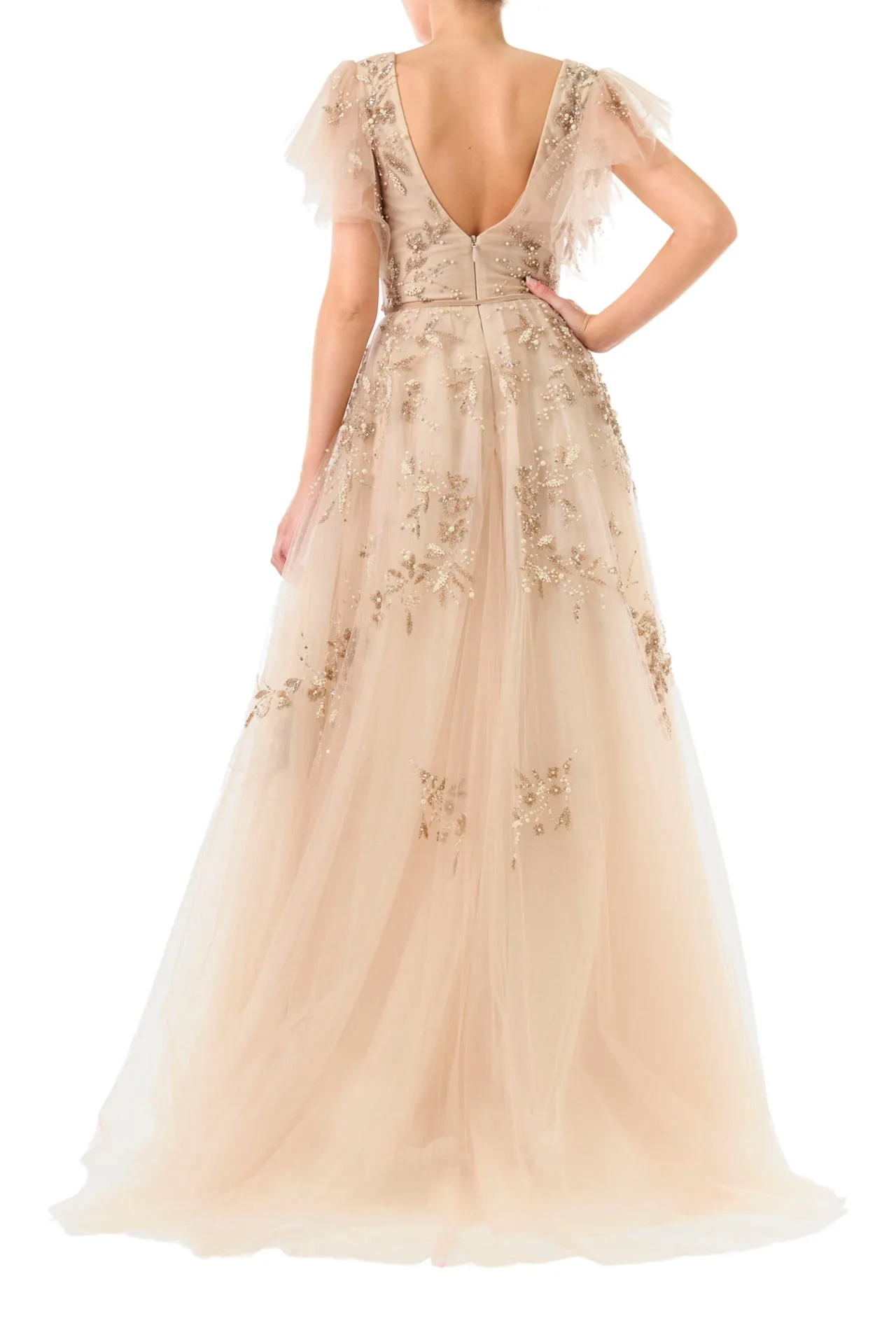 Embroidered Flutter Sleeve Gown