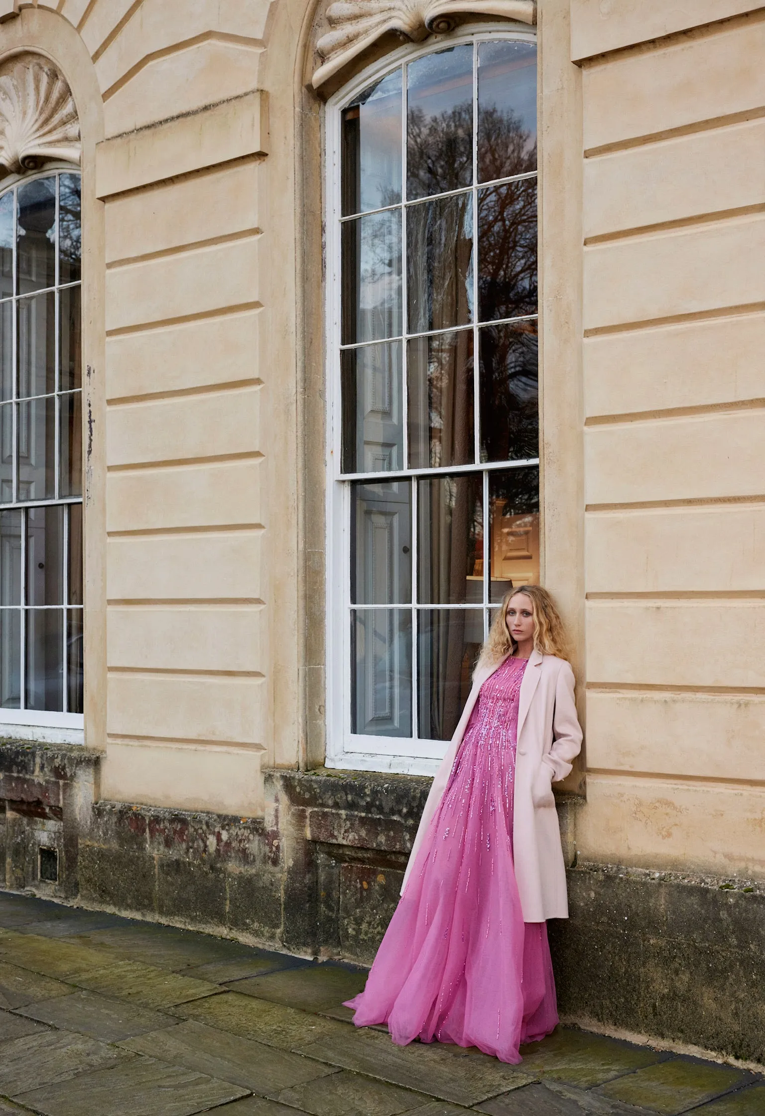 Embroidered Flutter Sleeve Gown