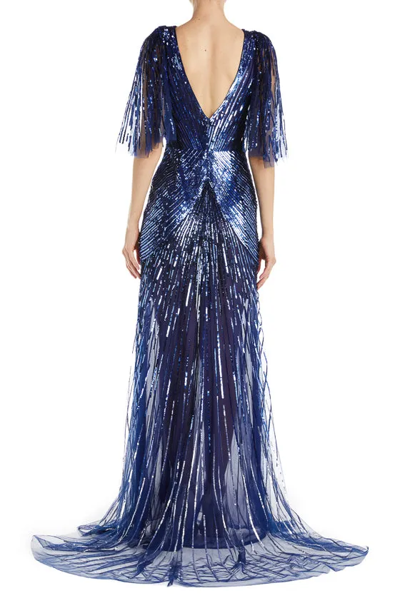 Embroidered Sapphire Evening Gown