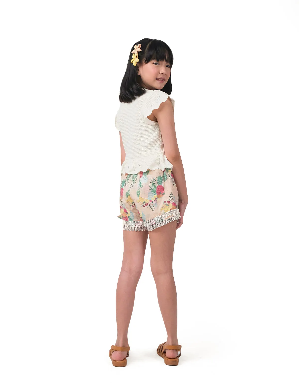 GIRLS PINEAPPLE PRINT LAYERED SHORTS WITH LACE WAISTBAND