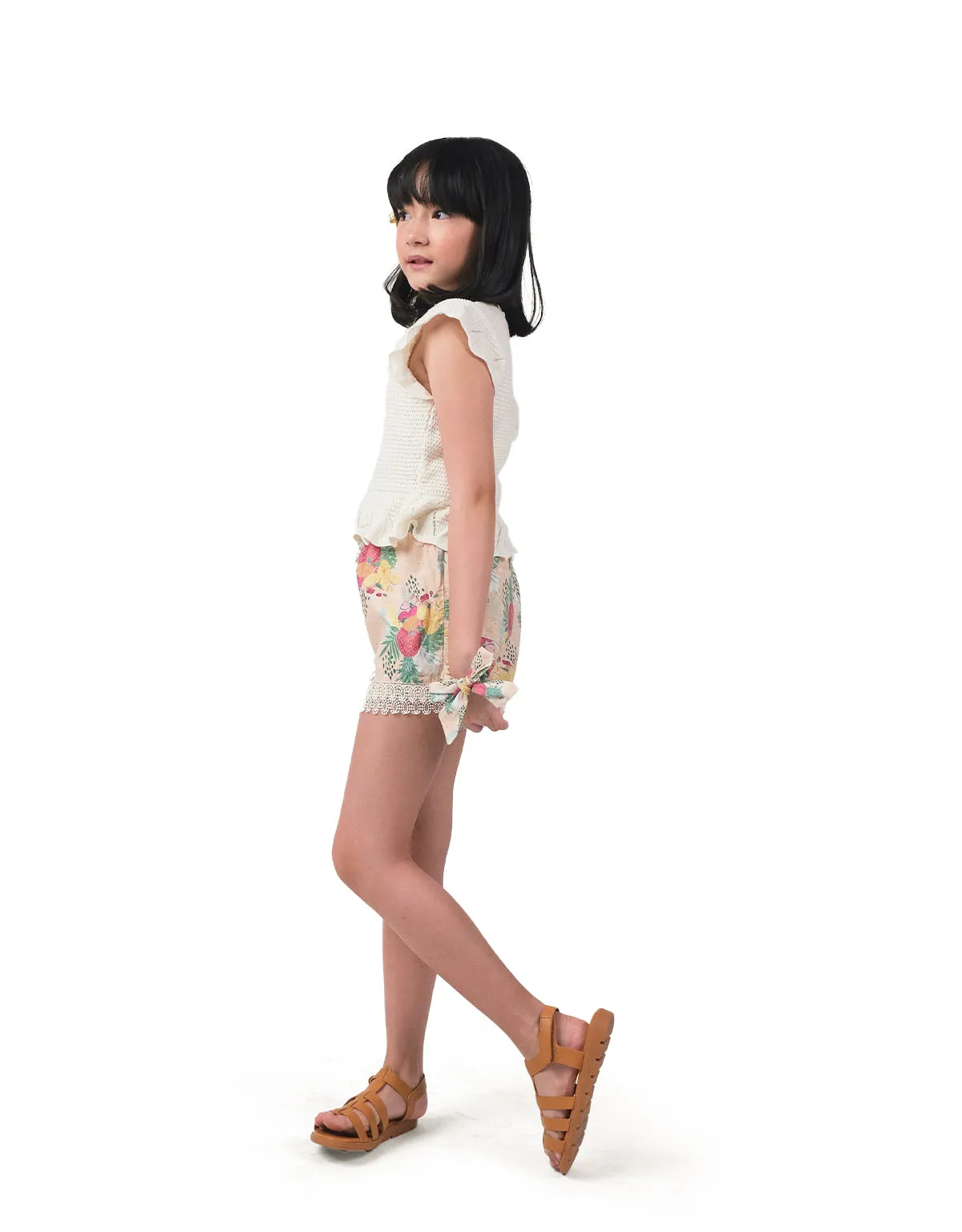 GIRLS PINEAPPLE PRINT LAYERED SHORTS WITH LACE WAISTBAND