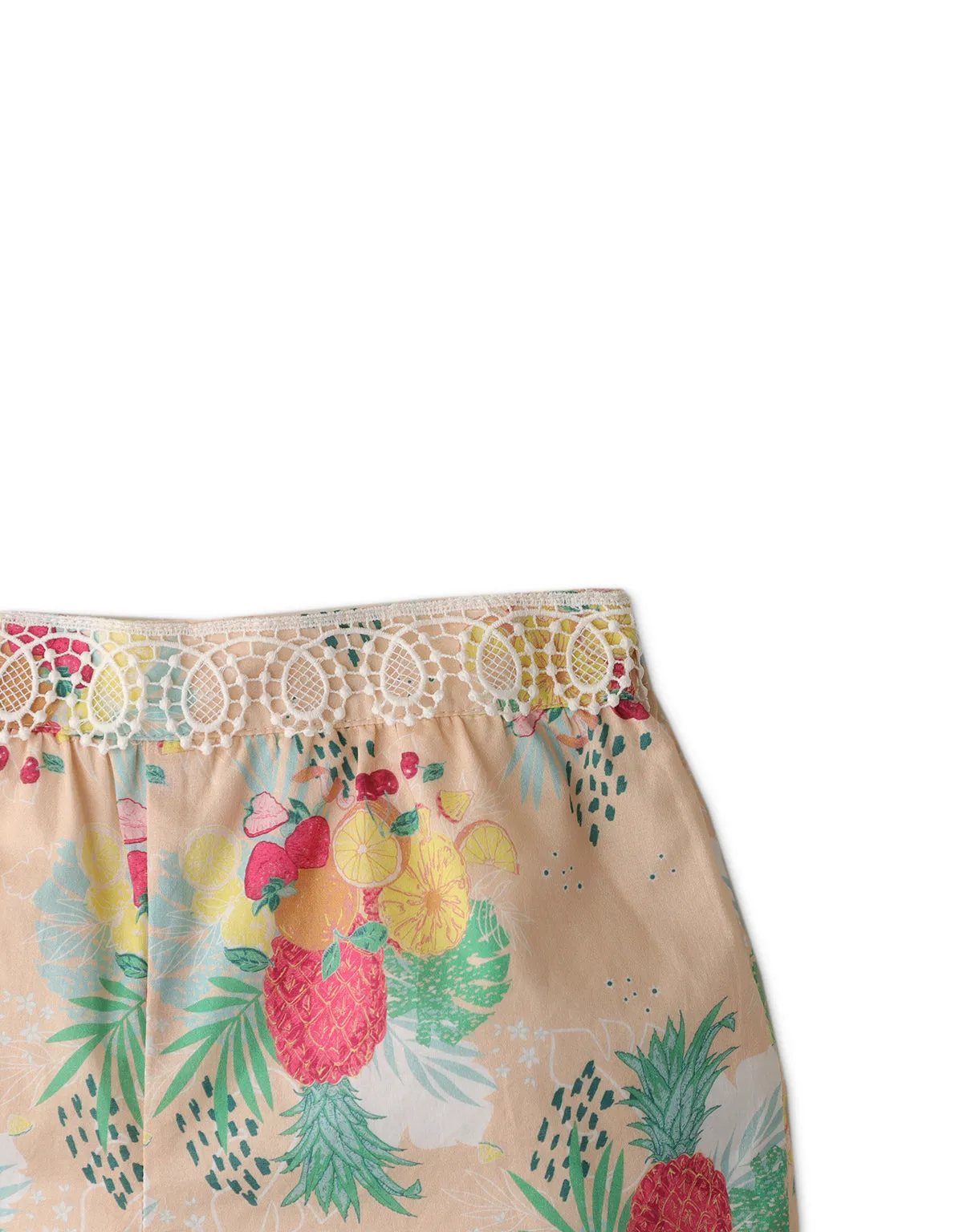 GIRLS PINEAPPLE PRINT LAYERED SHORTS WITH LACE WAISTBAND