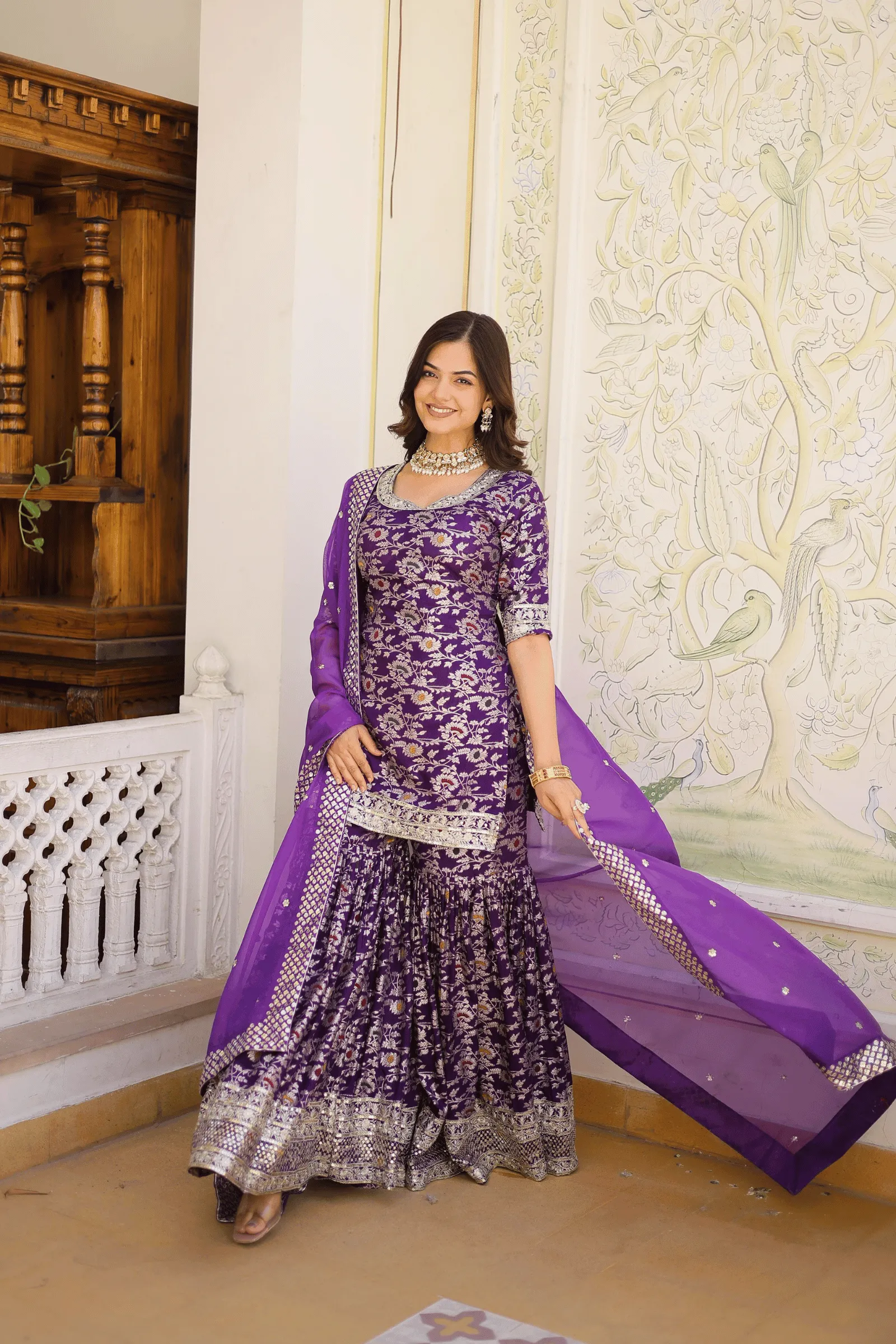 Glamwiz Wine Banarasi Sharara Suit