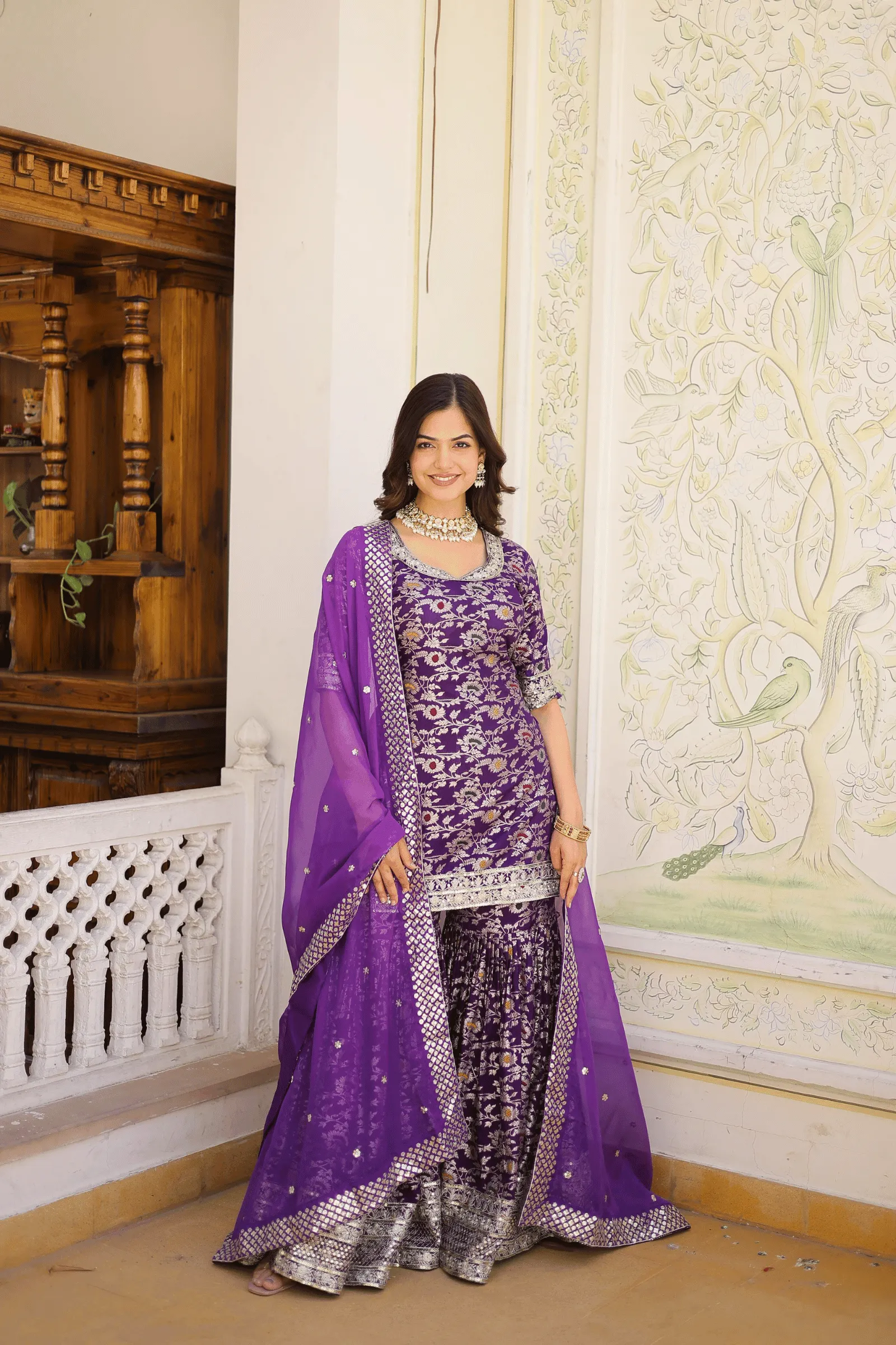 Glamwiz Wine Banarasi Sharara Suit