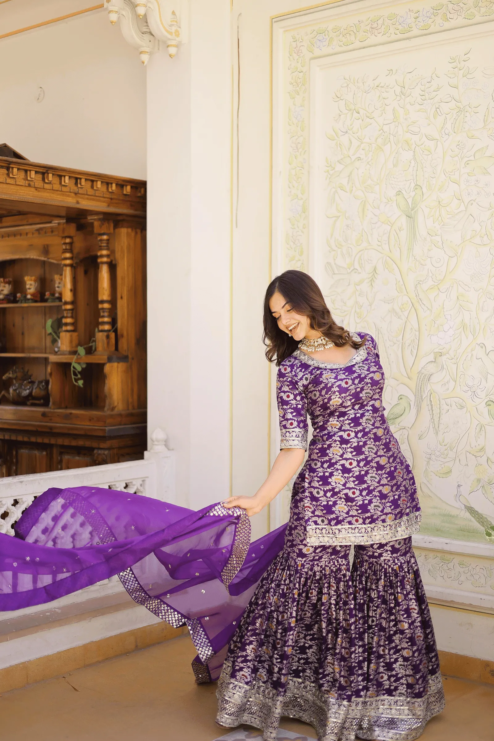 Glamwiz Wine Banarasi Sharara Suit