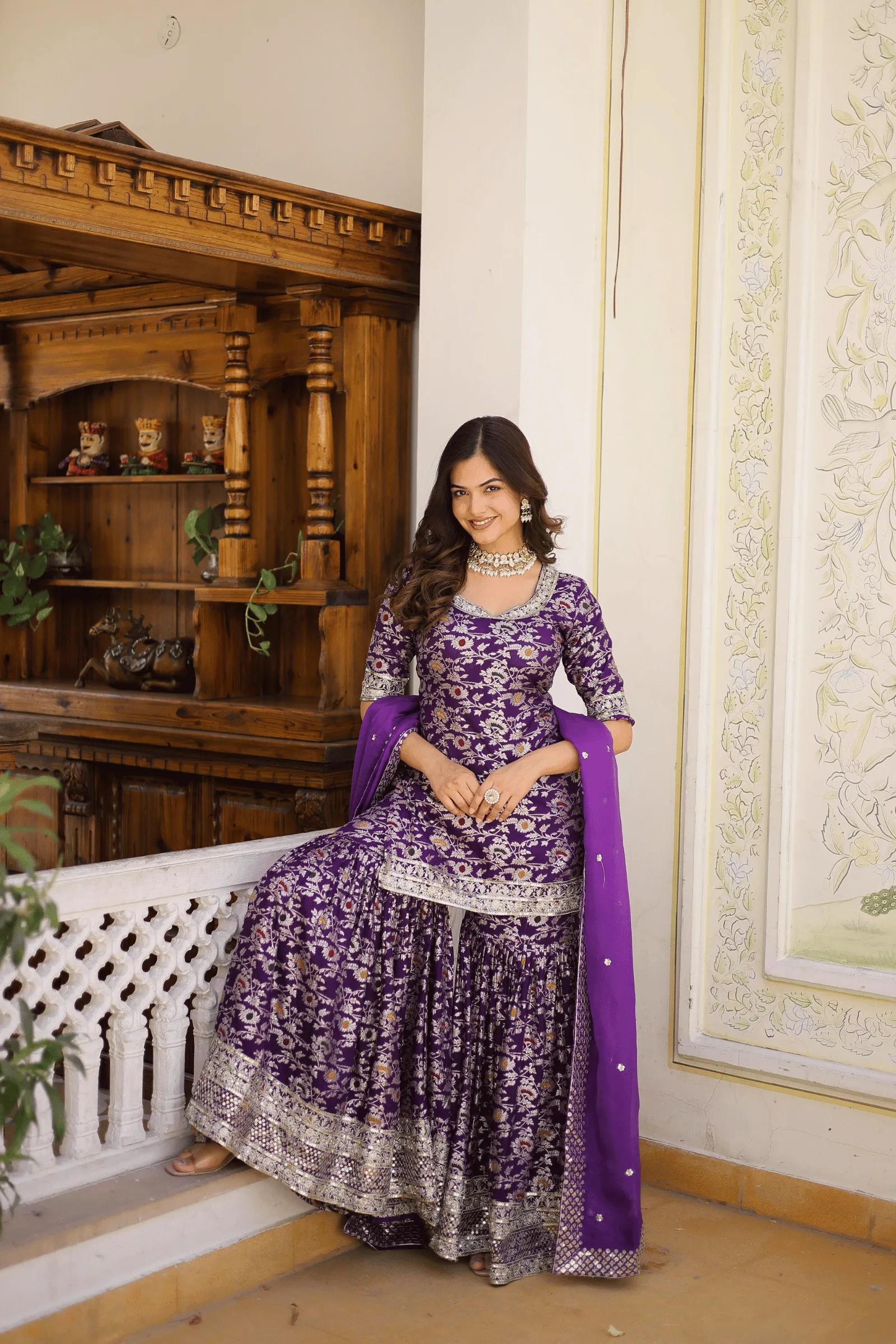 Glamwiz Wine Banarasi Sharara Suit