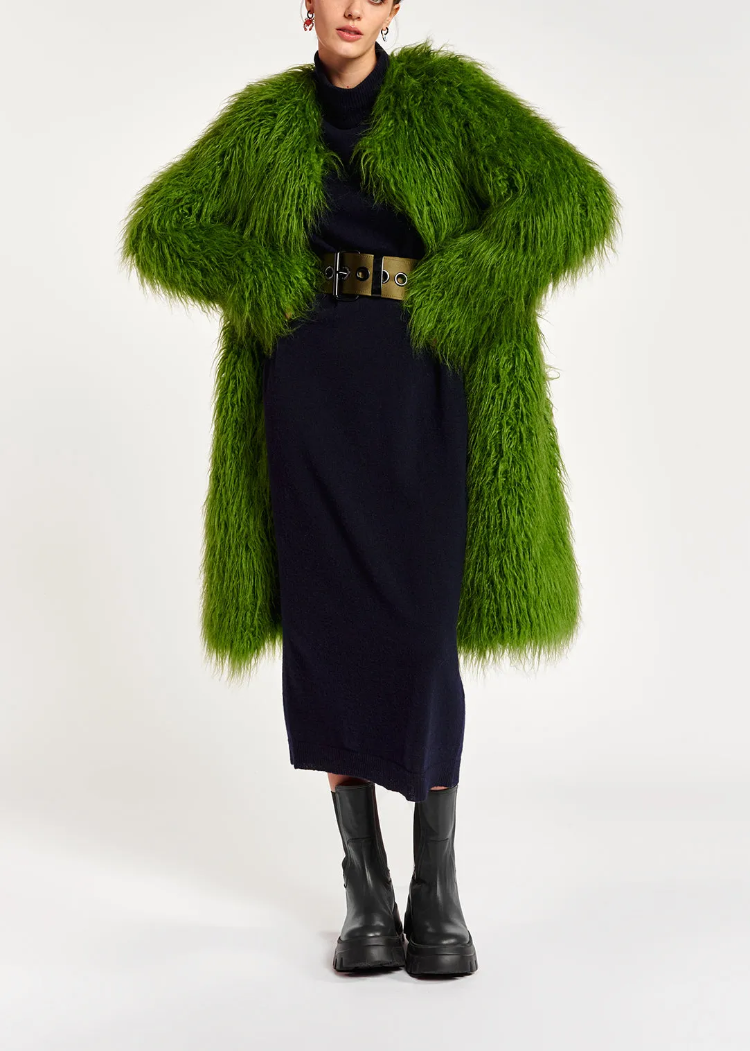 Green oversized faux fur coat