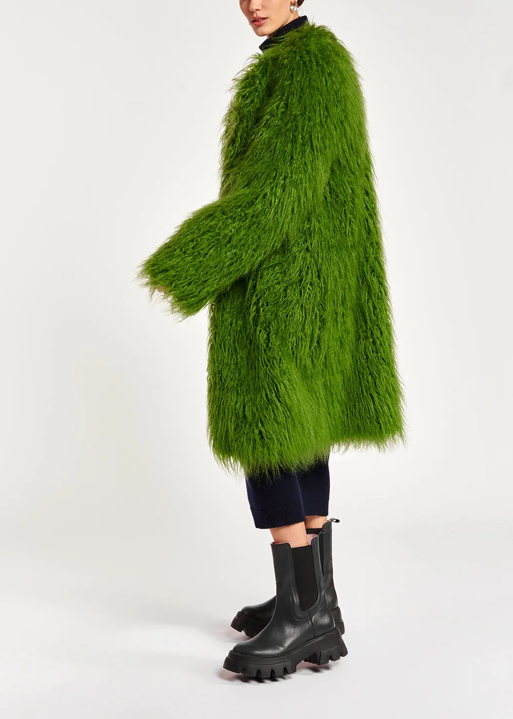 Green oversized faux fur coat