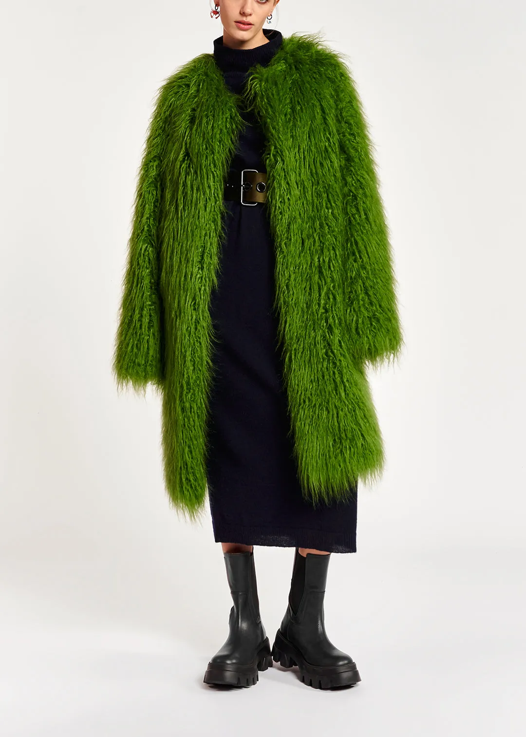 Green oversized faux fur coat