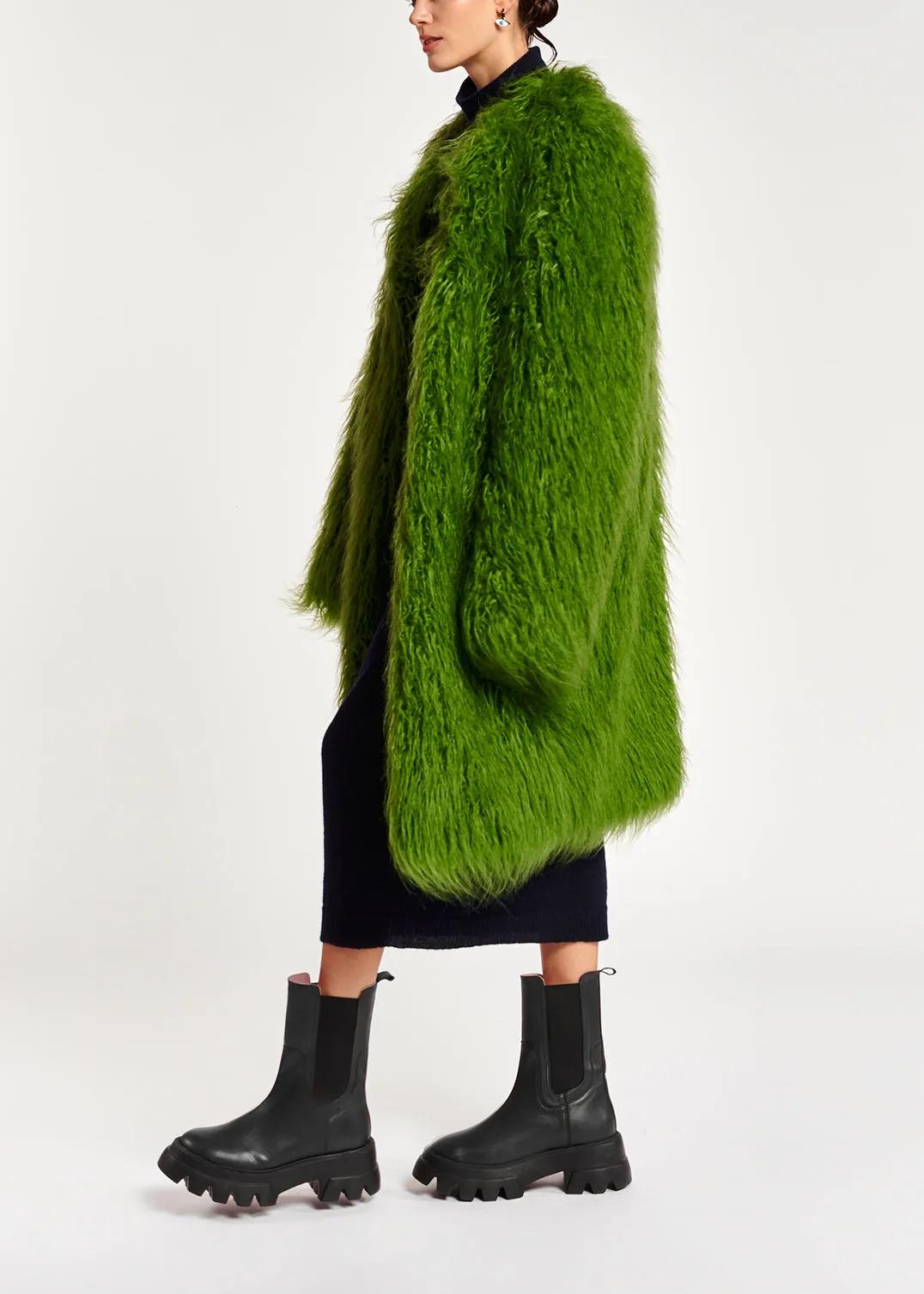 Green oversized faux fur coat