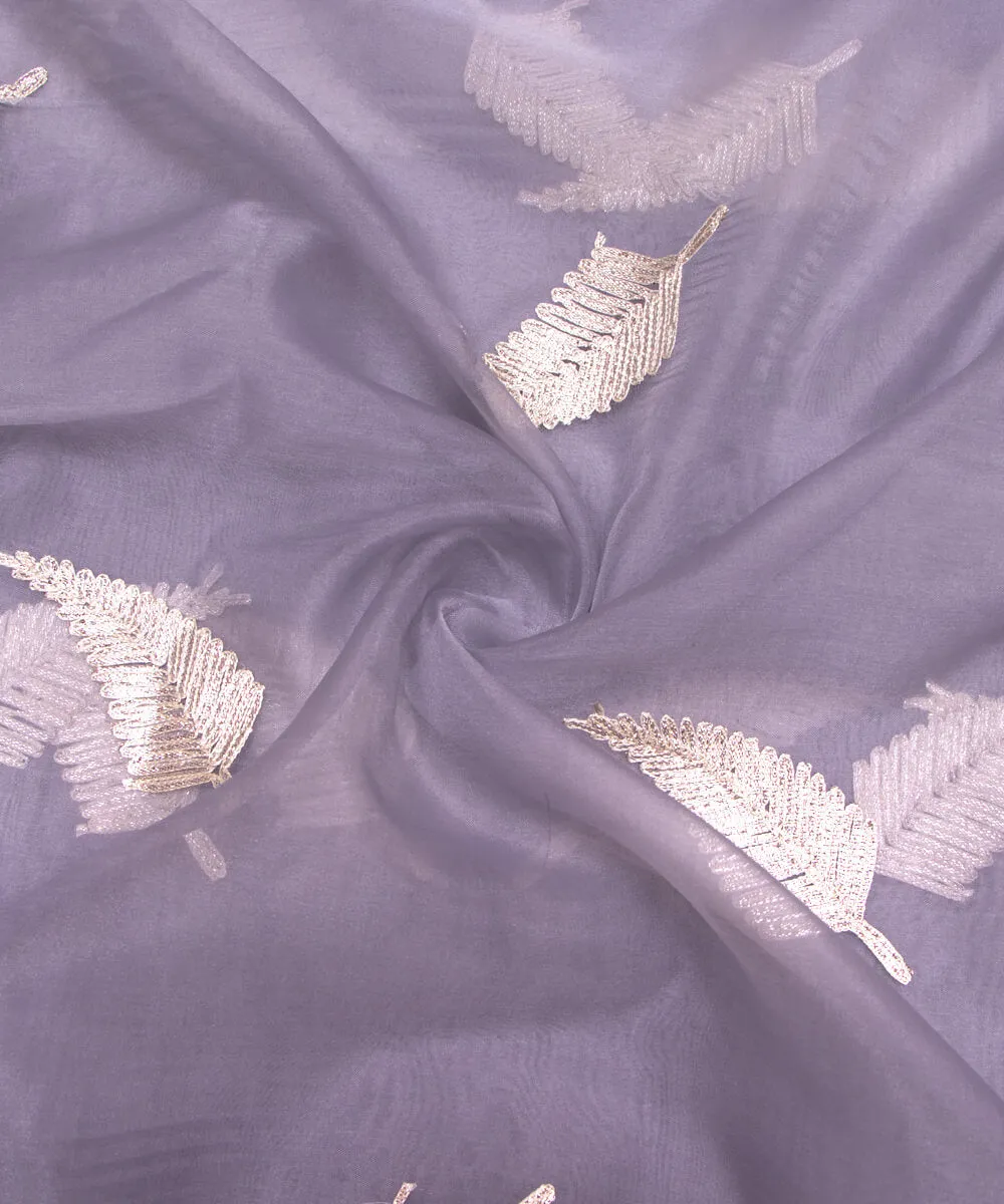 Grey Colour Leaf Embroidery Organza Silk Fabric