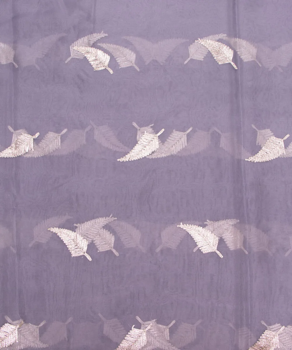 Grey Colour Leaf Embroidery Organza Silk Fabric