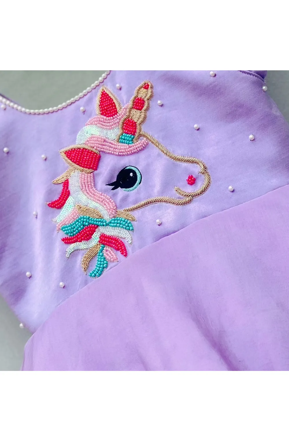 lavender and pink unicorn embroidered gown