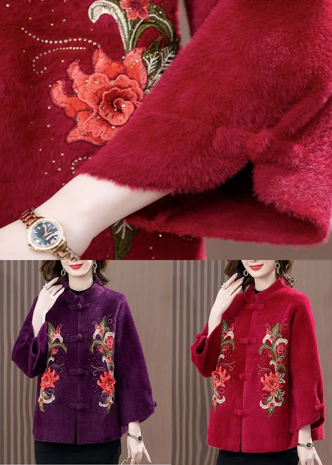 Loose Wine Red Embroidered Button Mink Velvet Coats Spring RZ016