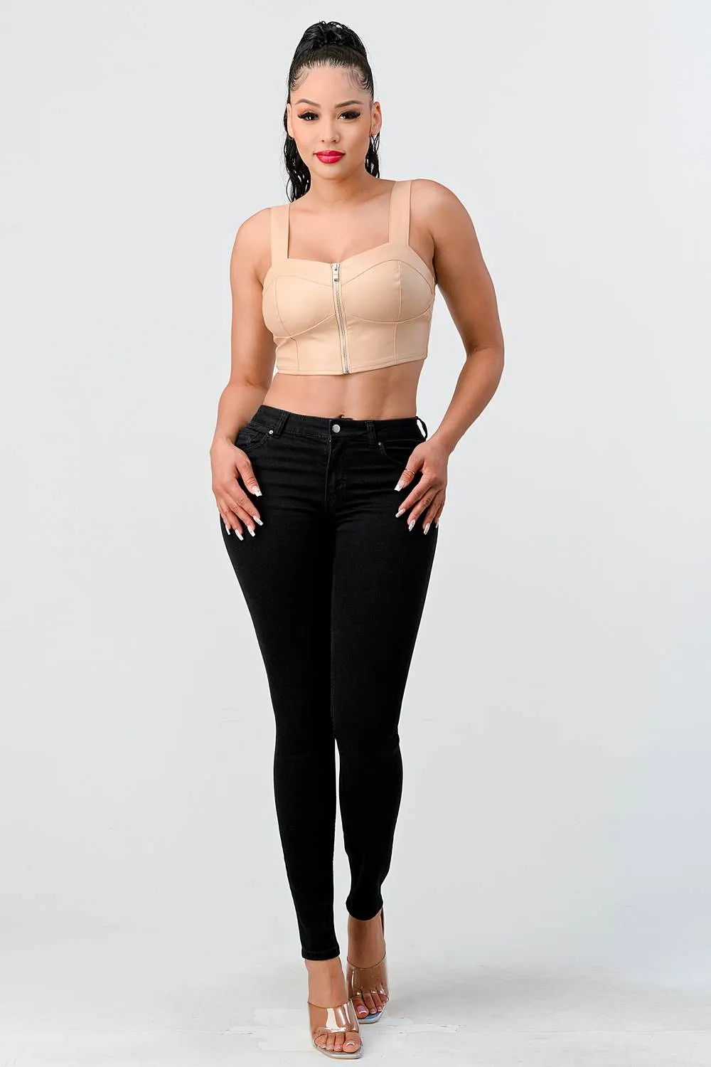 LUX FAUX LEATHER PU ZIPUP CROPPED TOP