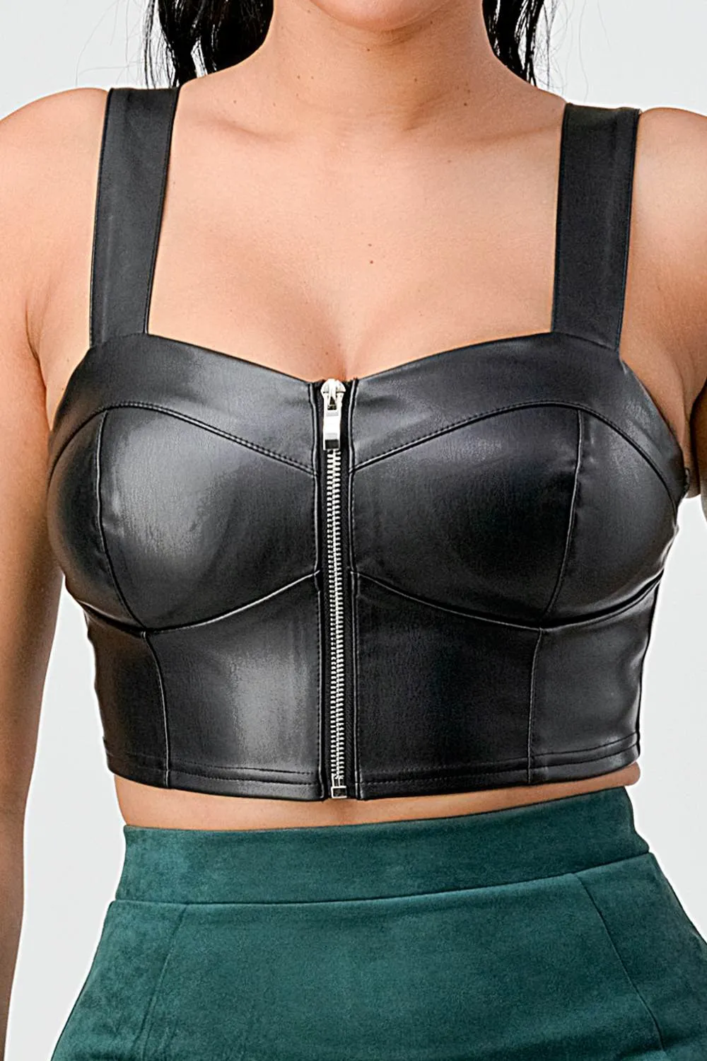 LUX FAUX LEATHER PU ZIPUP CROPPED TOP