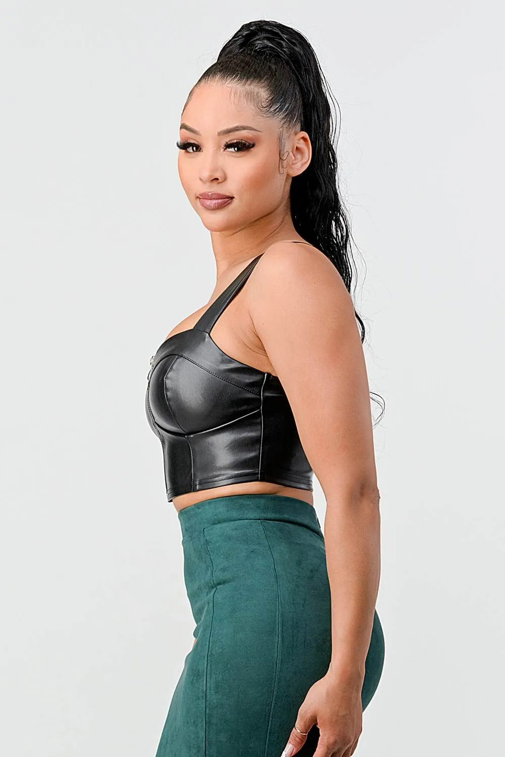 LUX FAUX LEATHER PU ZIPUP CROPPED TOP