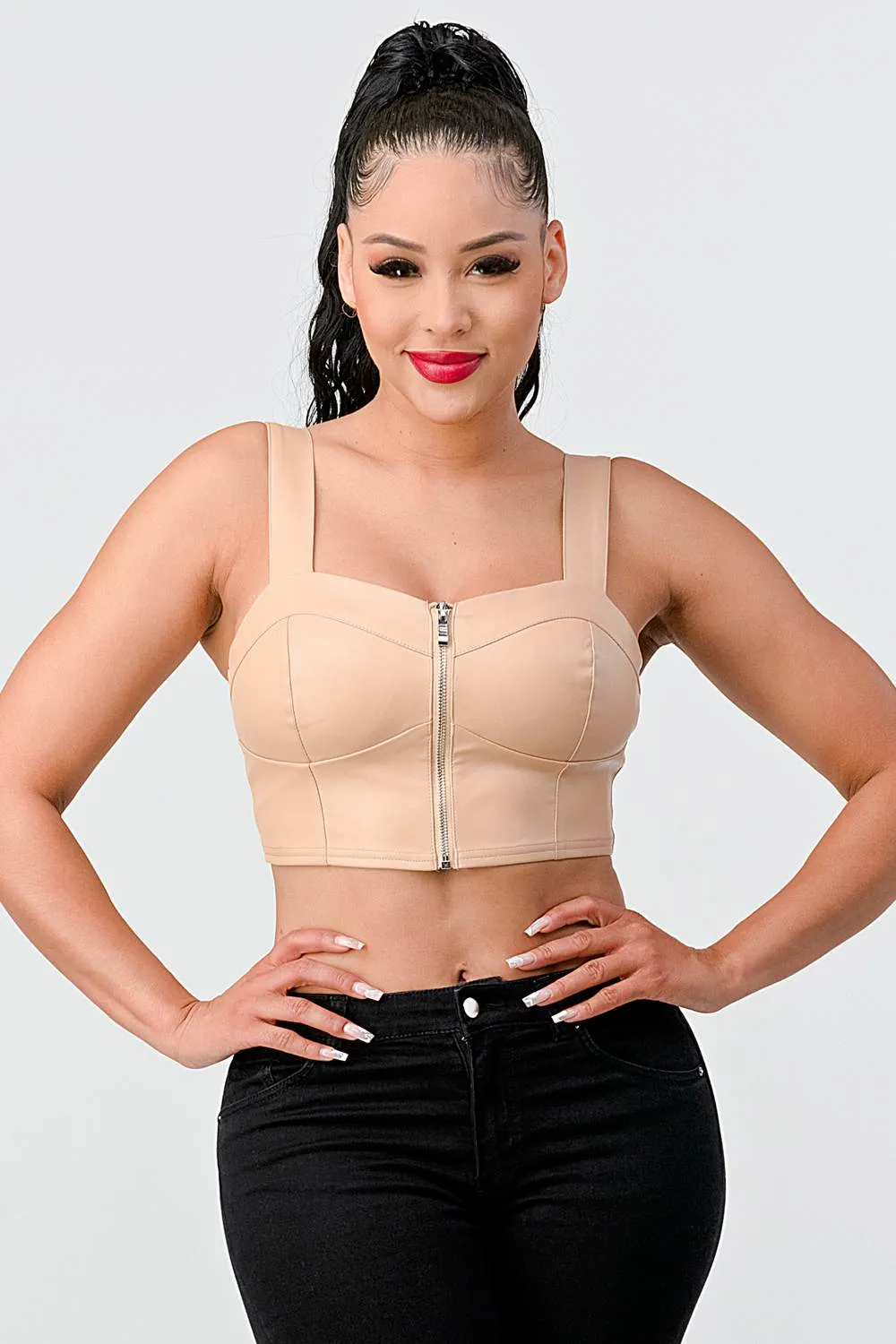 LUX FAUX LEATHER PU ZIPUP CROPPED TOP