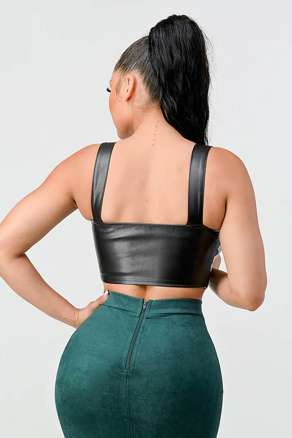 LUX FAUX LEATHER PU ZIPUP CROPPED TOP