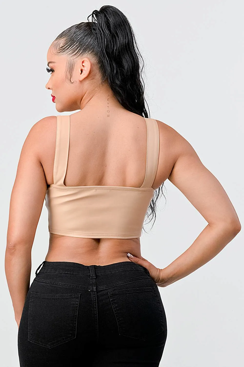 LUX FAUX LEATHER PU ZIPUP CROPPED TOP