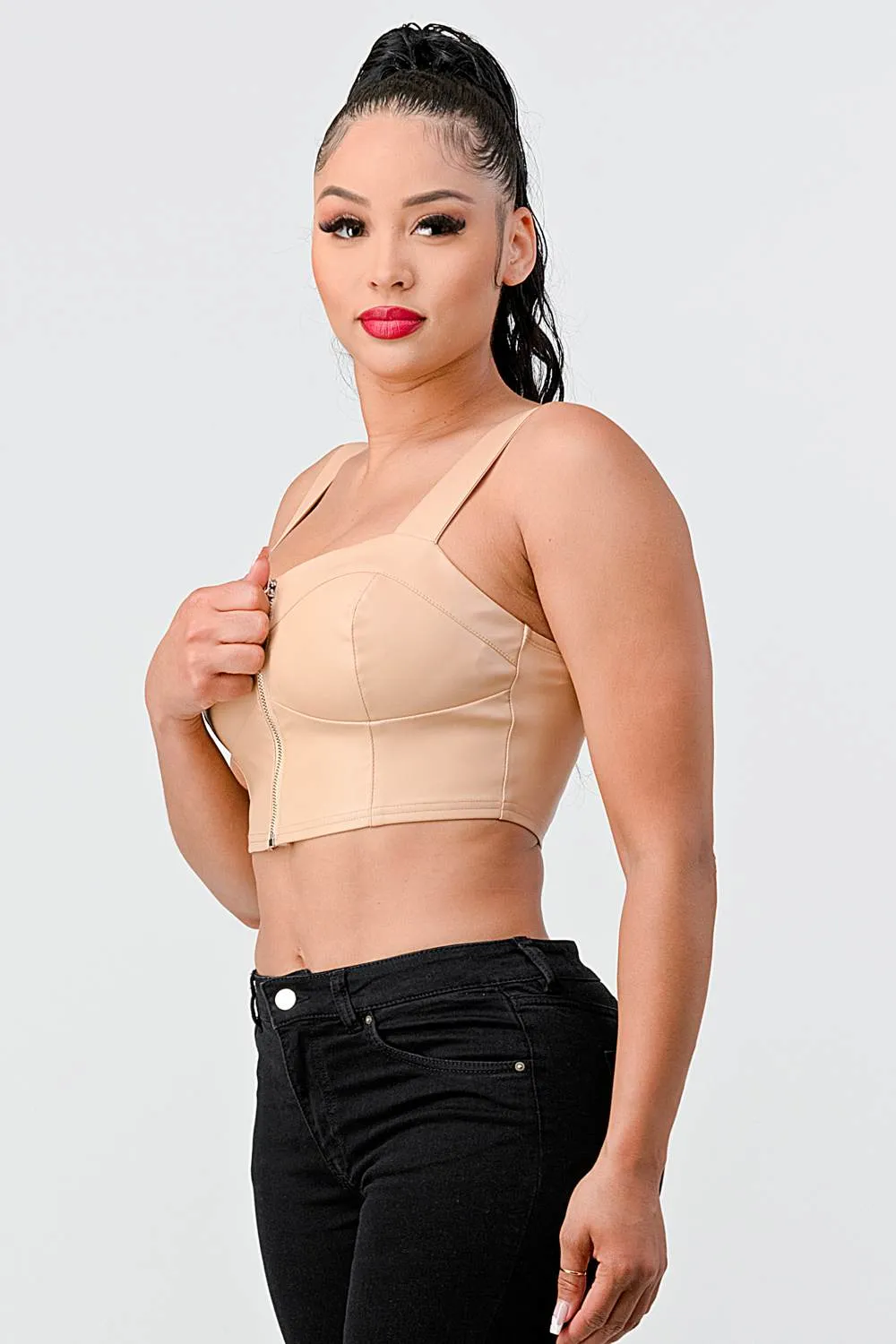 LUX FAUX LEATHER PU ZIPUP CROPPED TOP